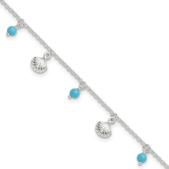Sterling Silver Shells and Aqua Beads 9 inch Plus 1 inch Extender - Total 10 inch Anklet