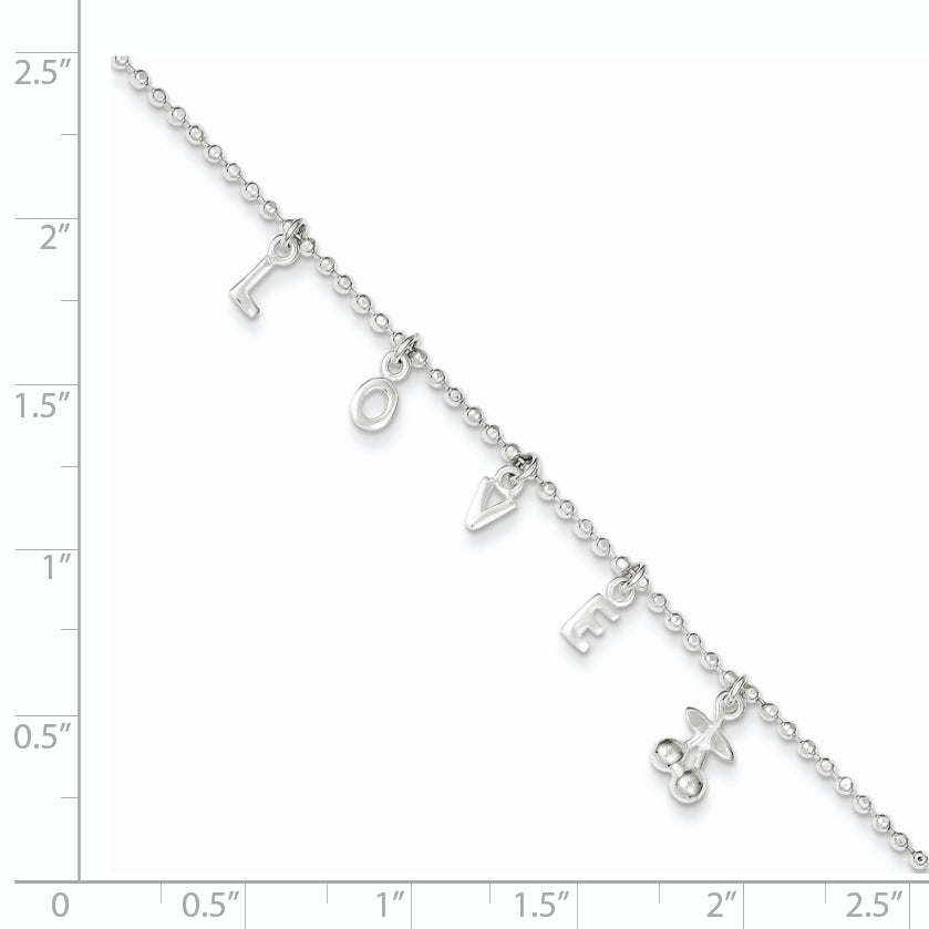 Sterling Silver LOVE Letters 10 inch Plus 1 inch Extender - Total 11 inch Anklet