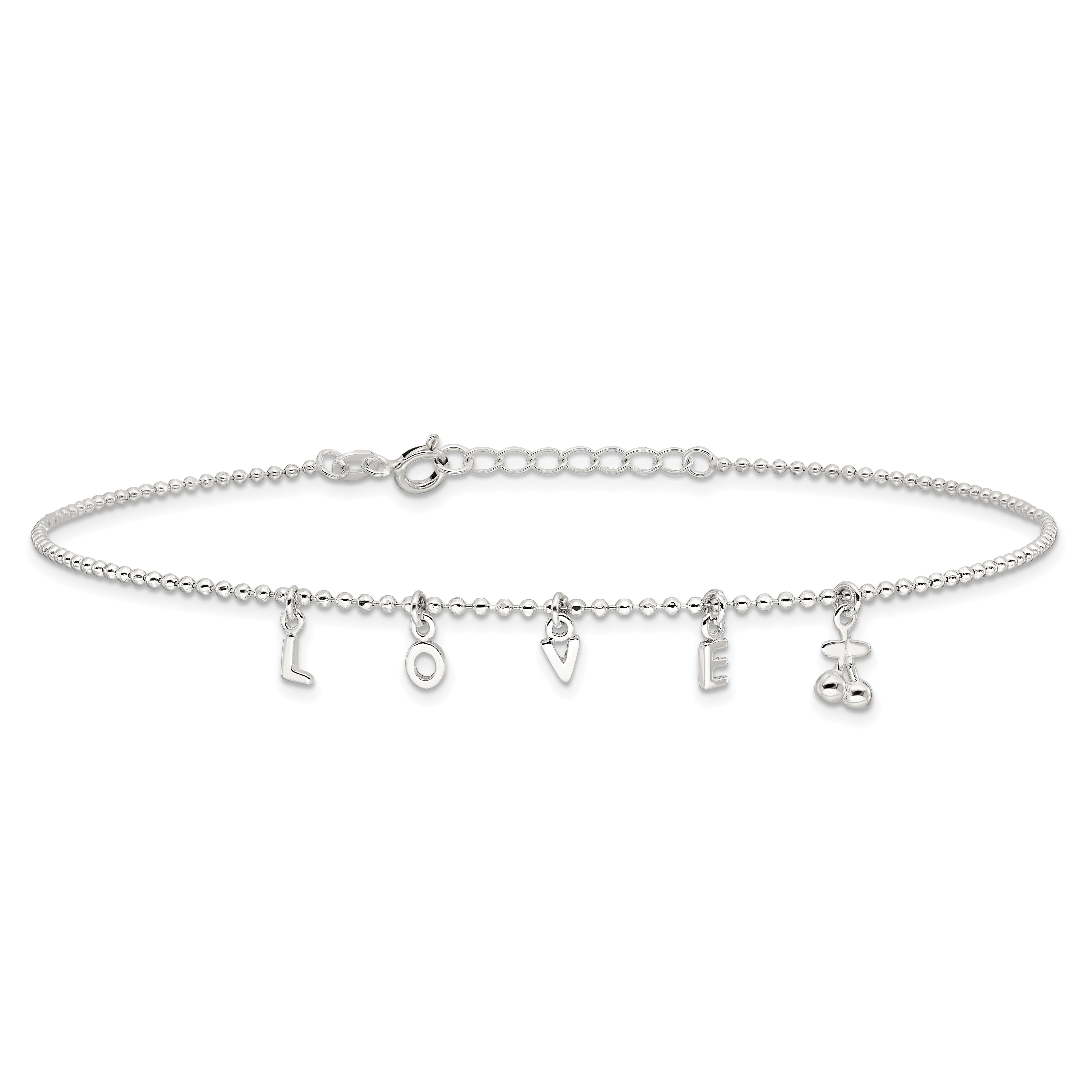 Sterling Silver LOVE Letters 10 inch Plus 1 inch Extender - Total 11 inch Anklet