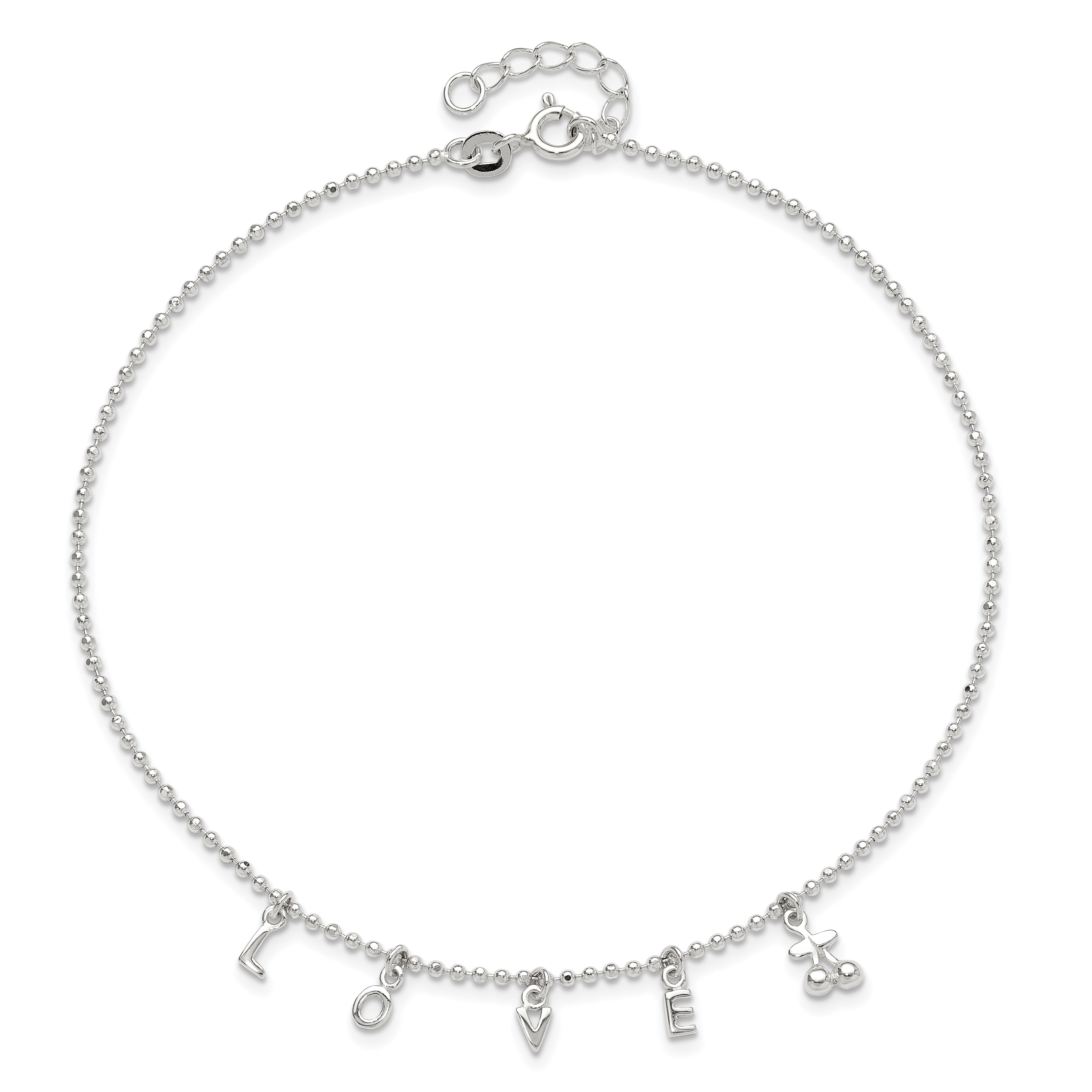 Sterling Silver LOVE Letters 10 inch Plus 1 inch Extender - Total 11 inch Anklet