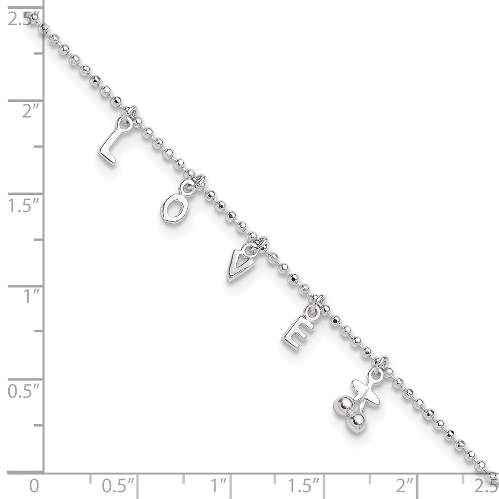 Sterling Silver LOVE Letters 10 inch Plus 1 inch Extender - Total 11 inch Anklet