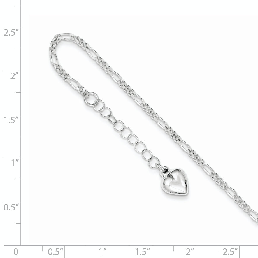 Sterling Silver Figaro with Puffed Heart Dangle 9 inch Plus 1 inch Extender - Total 10 inch Anklet Secondary image