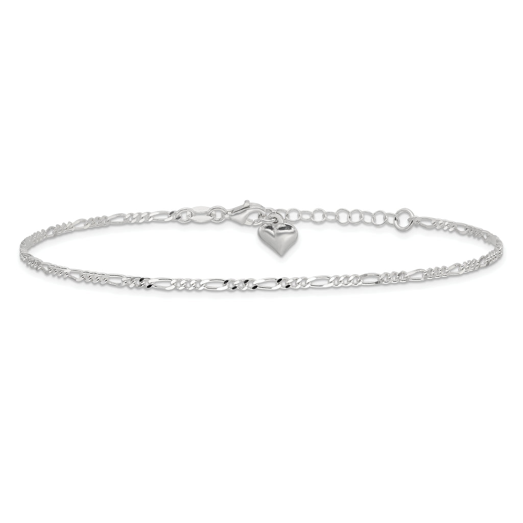 Sterling Silver Figaro with Puffed Heart Dangle 9 inch Plus 1 inch Extender - Total 10 inch Anklet