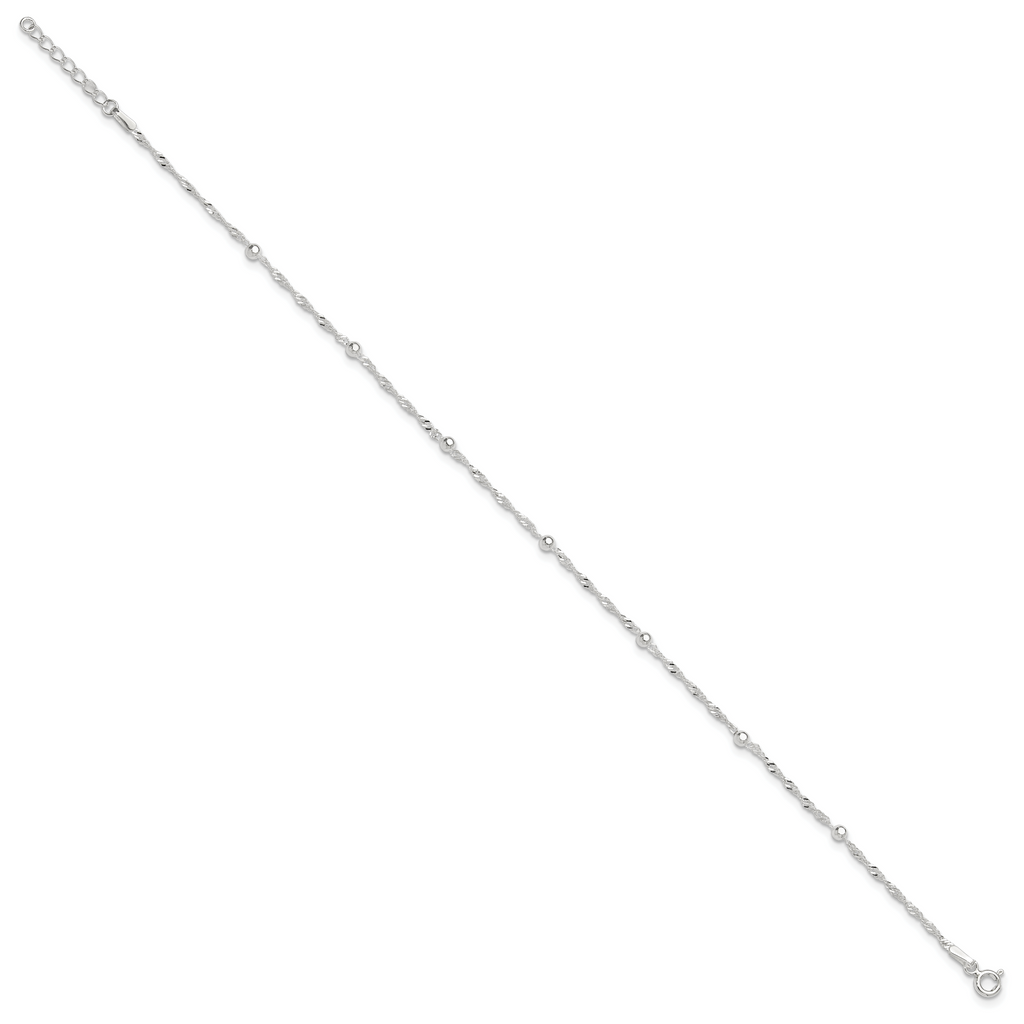 Sterling Silver Bead 7-Station 9 inch Plus 1 inch Extender - Total 10 inch Anklet
