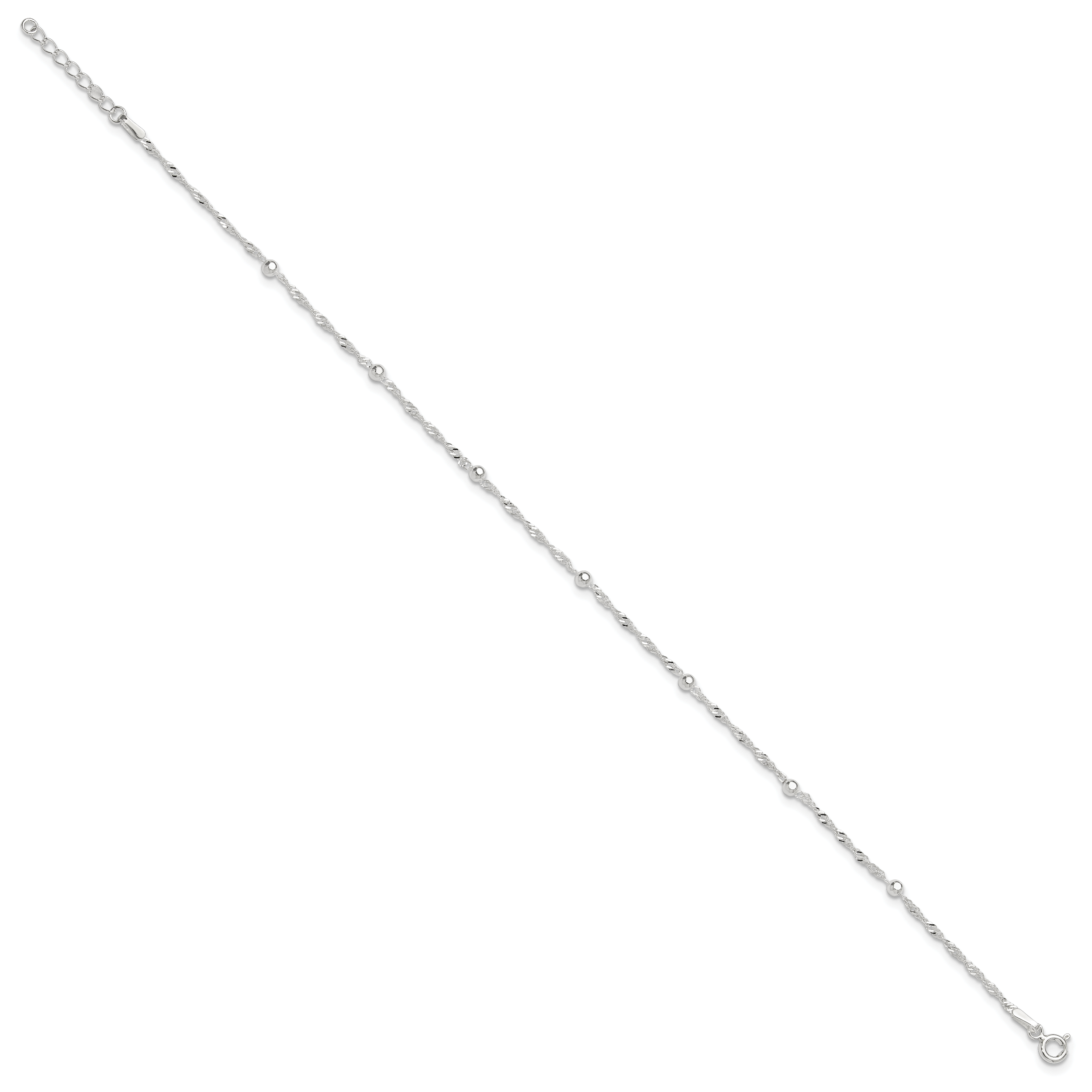 Sterling Silver Bead 7-Station 9 inch Plus 1 inch Extender - Total 10 inch Anklet