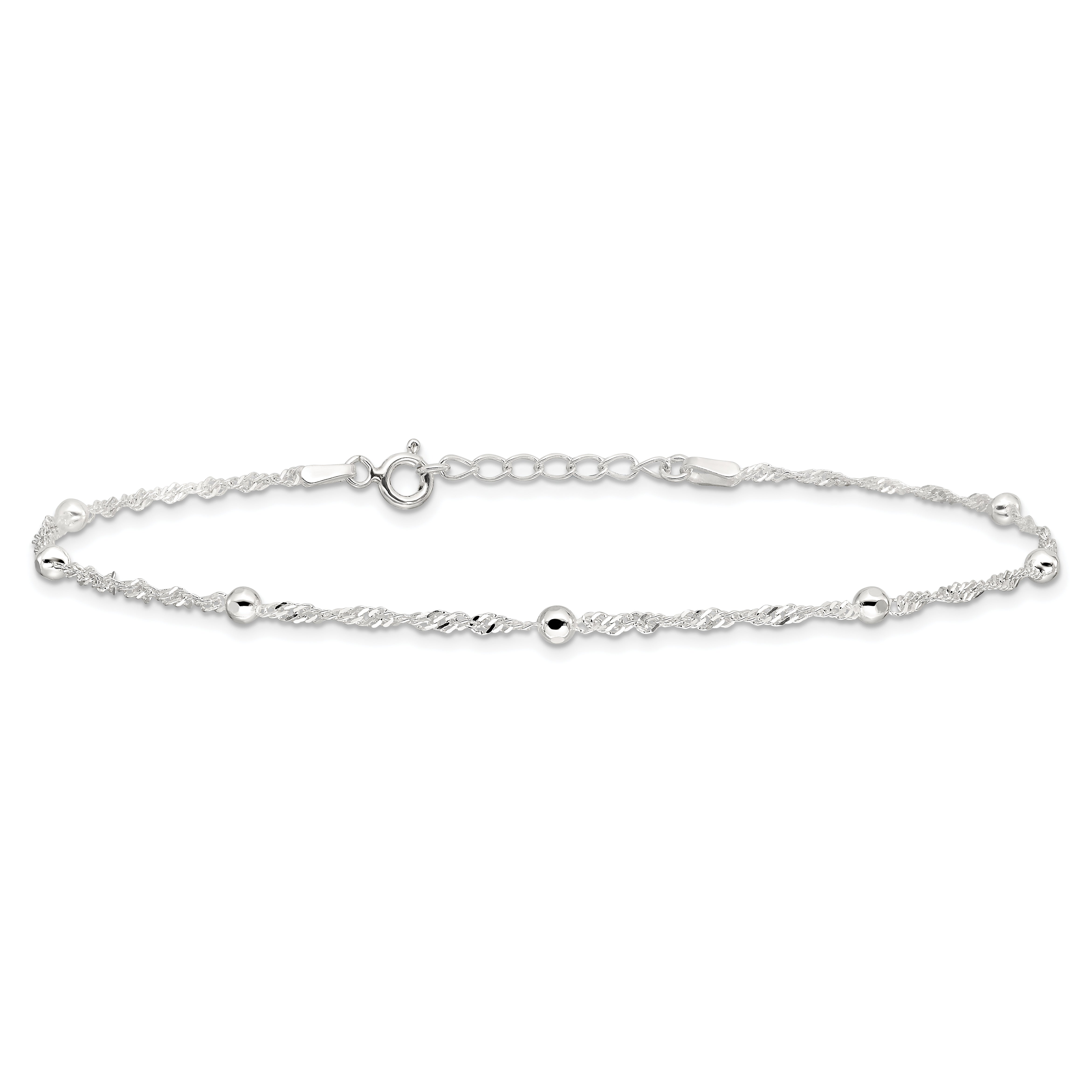Sterling Silver Bead 7-Station 10 inch Plus 1 inch Extender - Total 11 inch Anklet