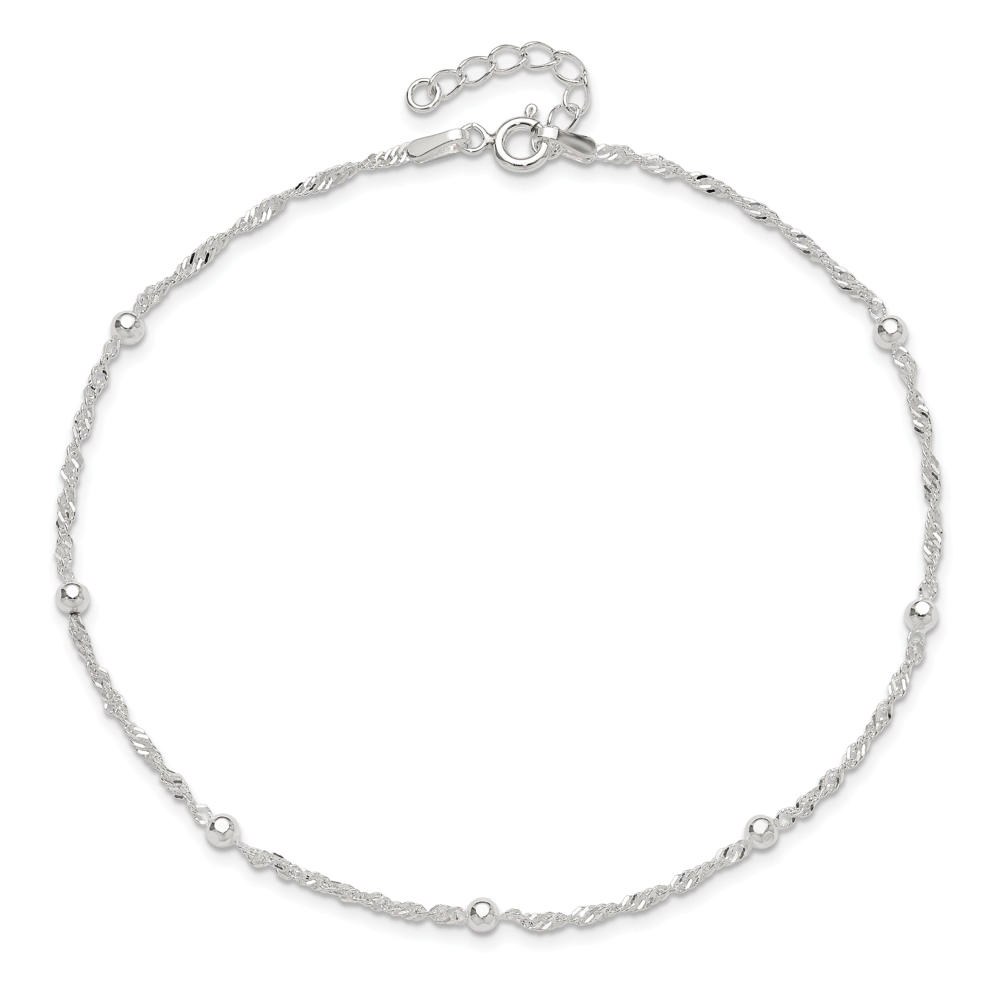 Sterling Silver Bead 7-Station 10 inch Plus 1 inch Extender - Total 11 inch Anklet
