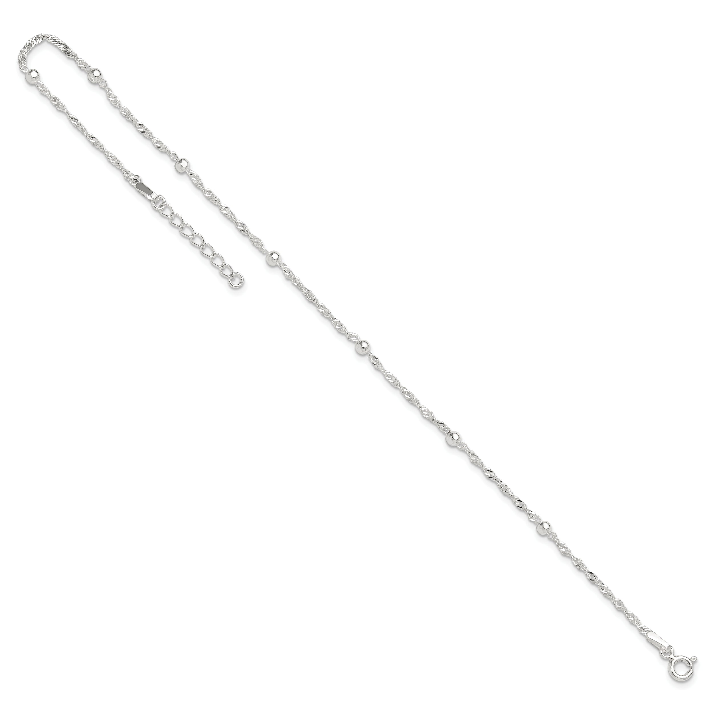 Sterling Silver Bead 7-Station 10 inch Plus 1 inch Extender - Total 11 inch Anklet