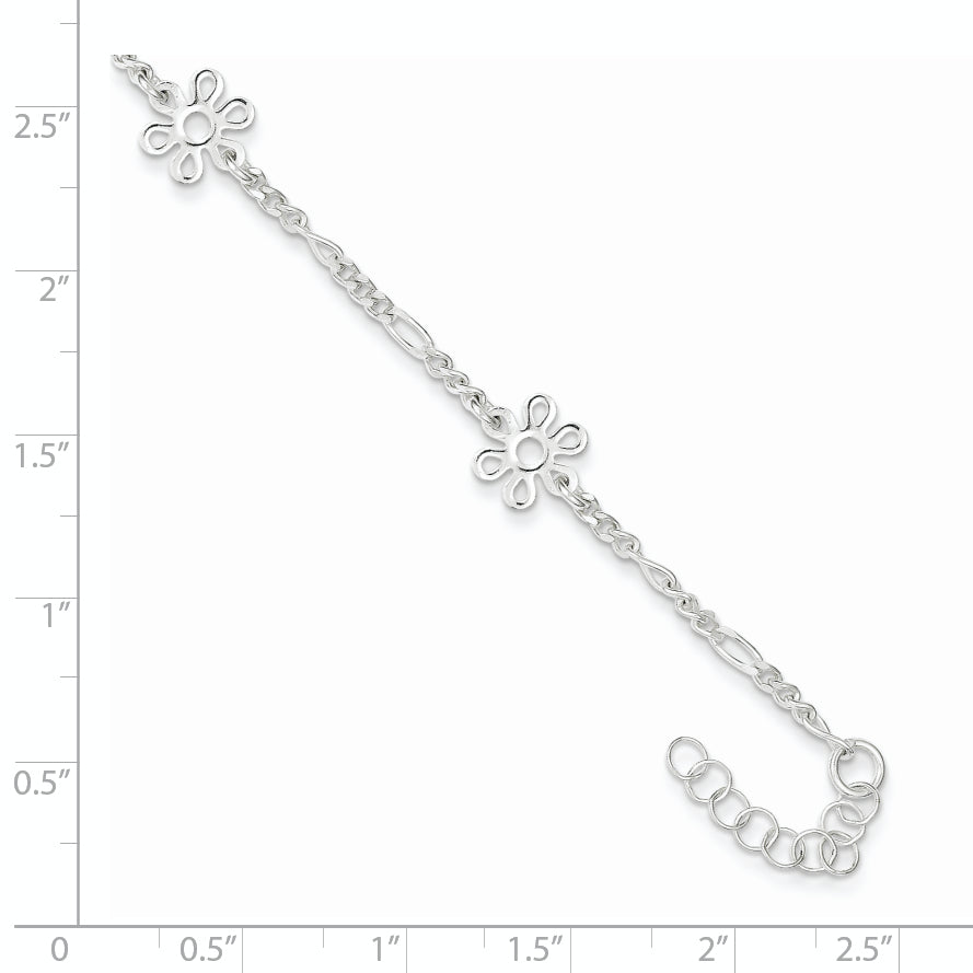 Sterling Silver Figaro Chain/Flowers 5-Station 9 inch Plus 1 inch Extender - Total 10 inch Anklet