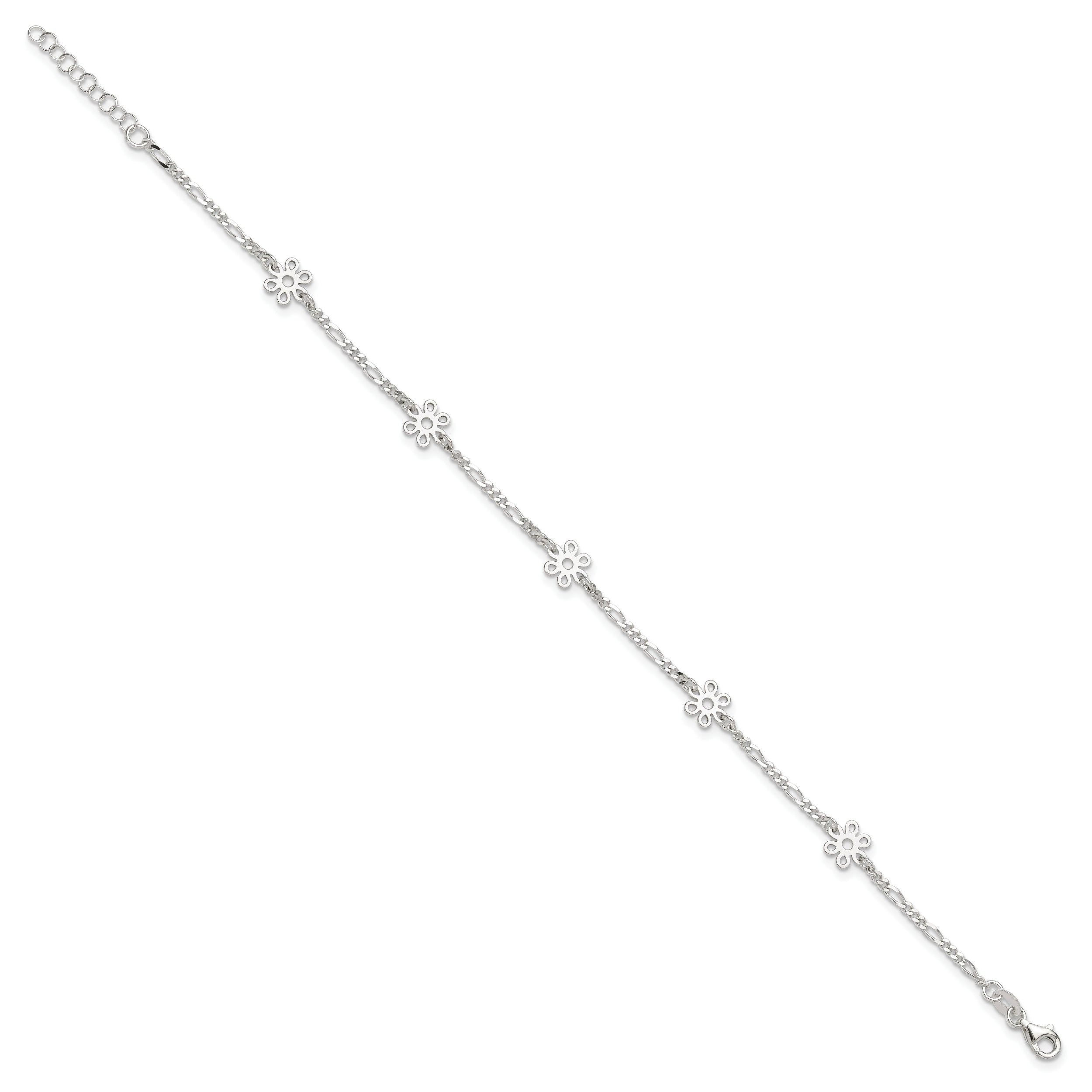 Sterling Silver Figaro Chain/Flowers 5-Station 9 inch Plus 1 inch Extender - Total 10 inch Anklet