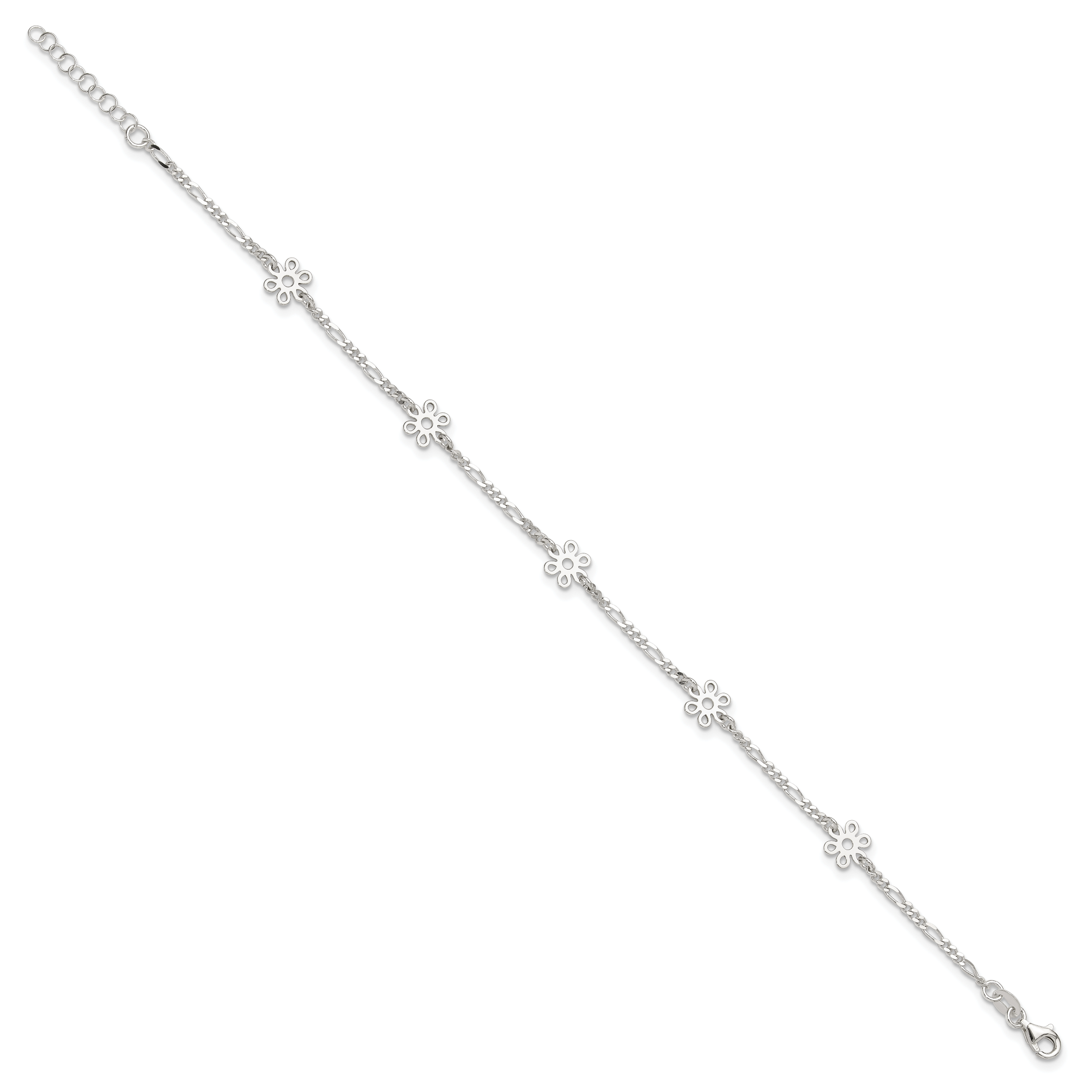 Sterling Silver Figaro Chain/Flowers 5-Station 9 inch Plus 1 inch Extender - Total 10 inch Anklet