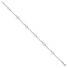 Sterling Silver Figaro Chain/Flowers 5-Station 9 inch Plus 1 inch Extender - Total 10 inch Anklet