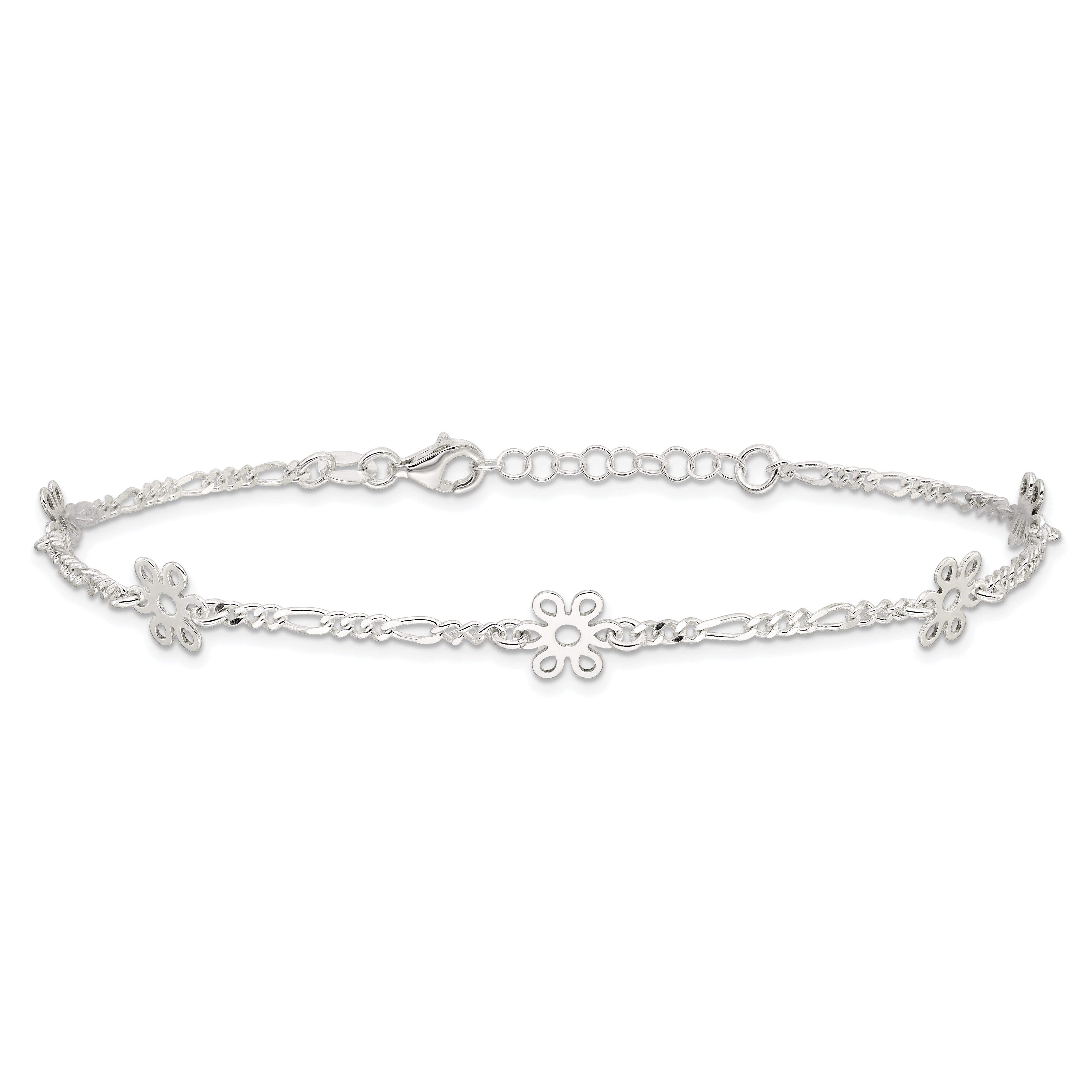 Sterling Silver Figaro Chain/Flowers 5-Station 9 inch Plus 1 inch Extender - Total 10 inch Anklet