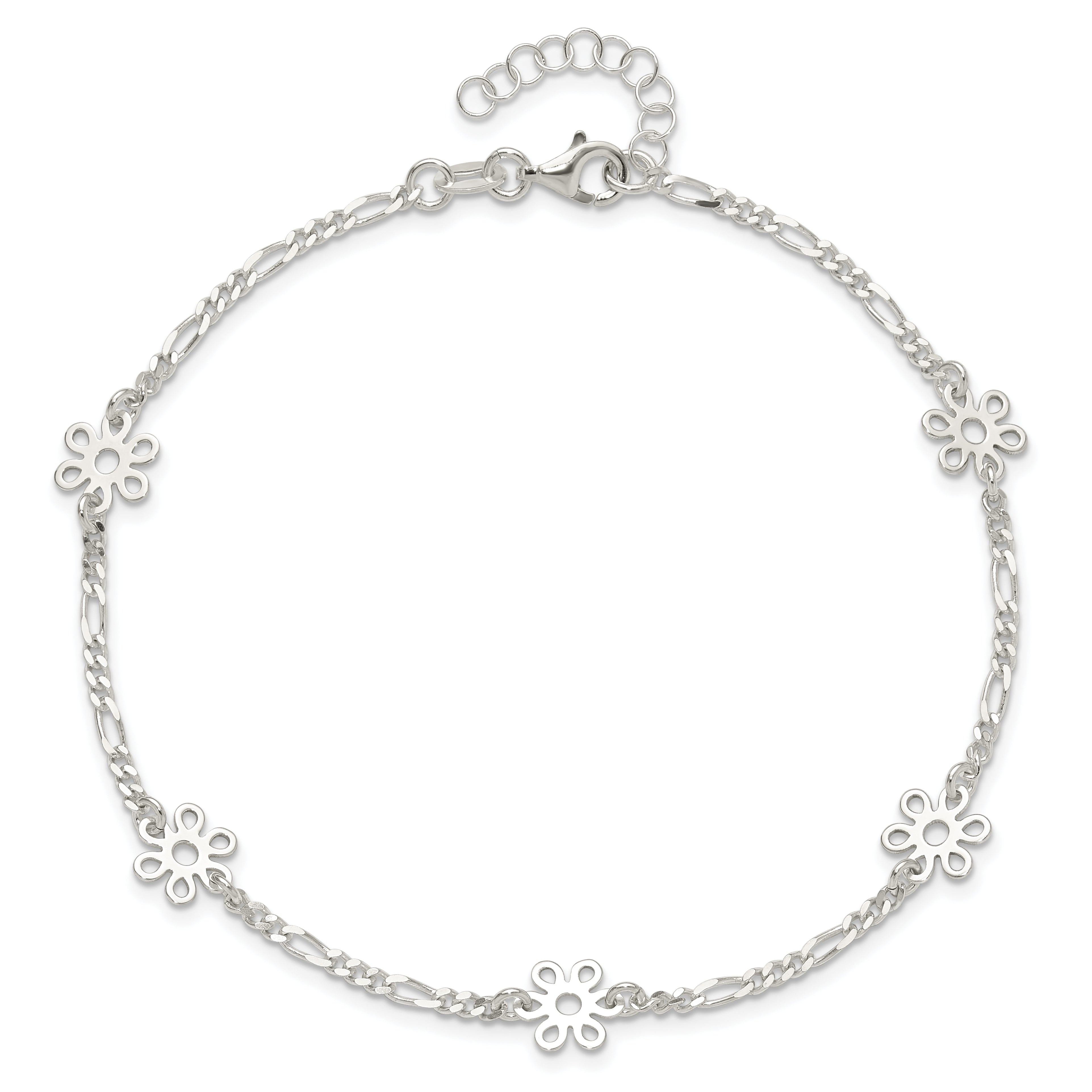 Sterling Silver Figaro Chain/Flowers 5-Station 9 inch Plus 1 inch Extender - Total 10 inch Anklet