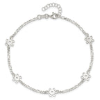 Sterling Silver Figaro Chain/Flowers 5-Station 9 inch Plus 1 inch Extender - Total 10 inch Anklet