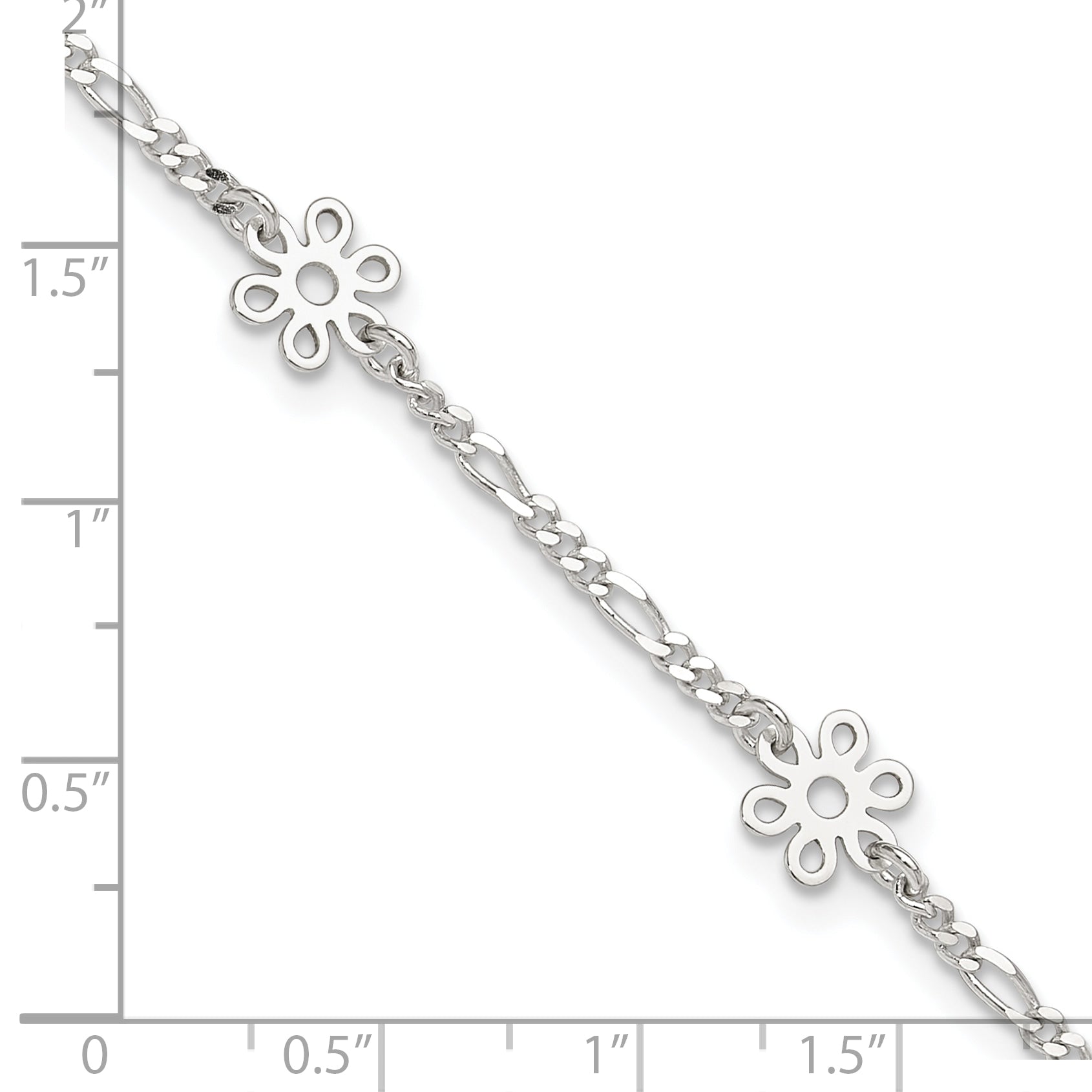 Sterling Silver Figaro Chain/Flowers 5-Station 9 inch Plus 1 inch Extender - Total 10 inch Anklet