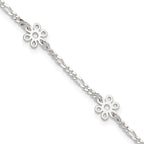 Sterling Silver Figaro Chain/Flowers 5-Station 9 inch Plus 1 inch Extender - Total 10 inch Anklet