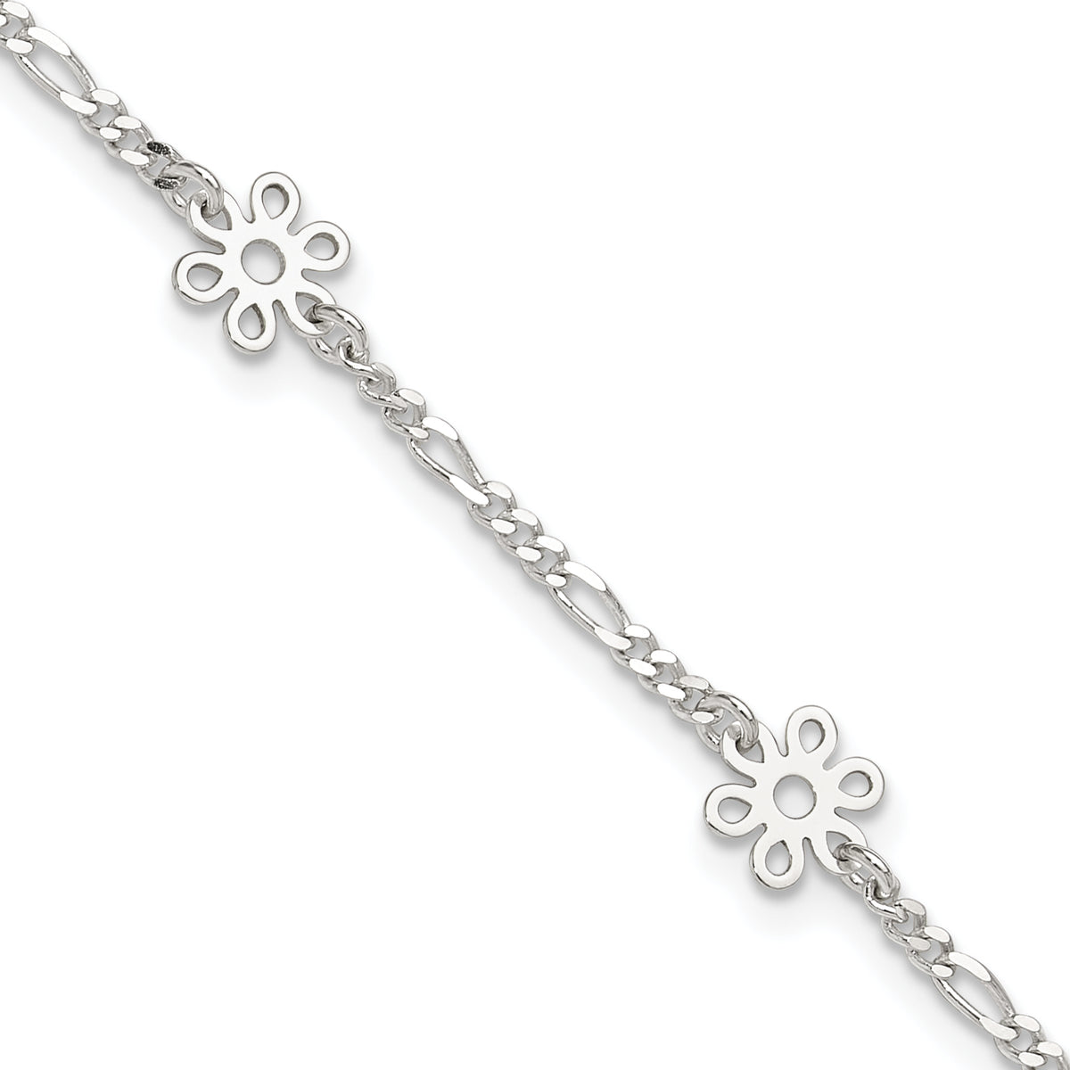 Sterling Silver Figaro Chain/Flowers 5-Station 9 inch Plus 1 inch Extender - Total 10 inch Anklet