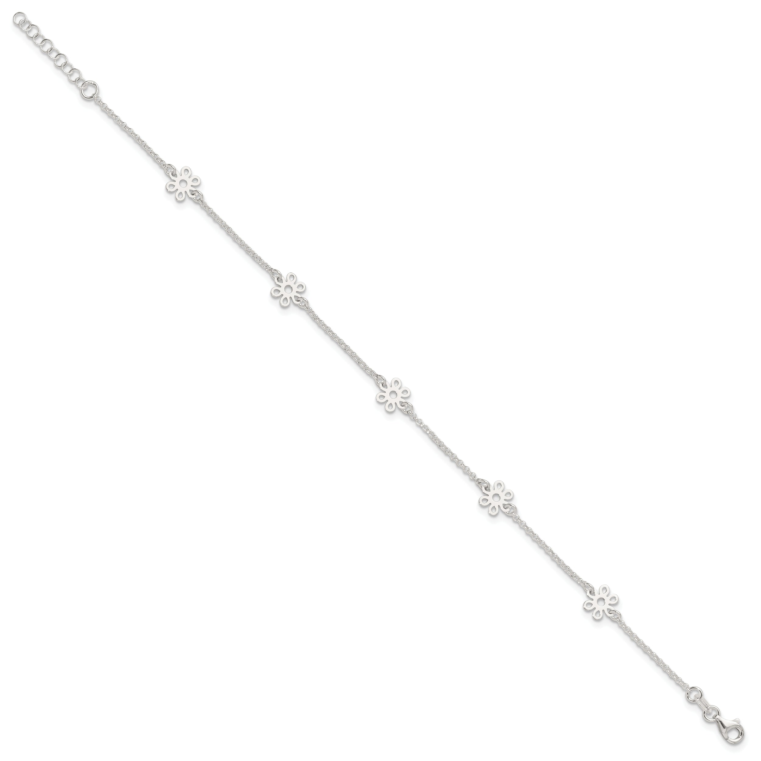 Sterling Silver Cable Chain/Flowers 5-Station 10 inch Plus 1 inch Extender - Total 11 inch Anklet
