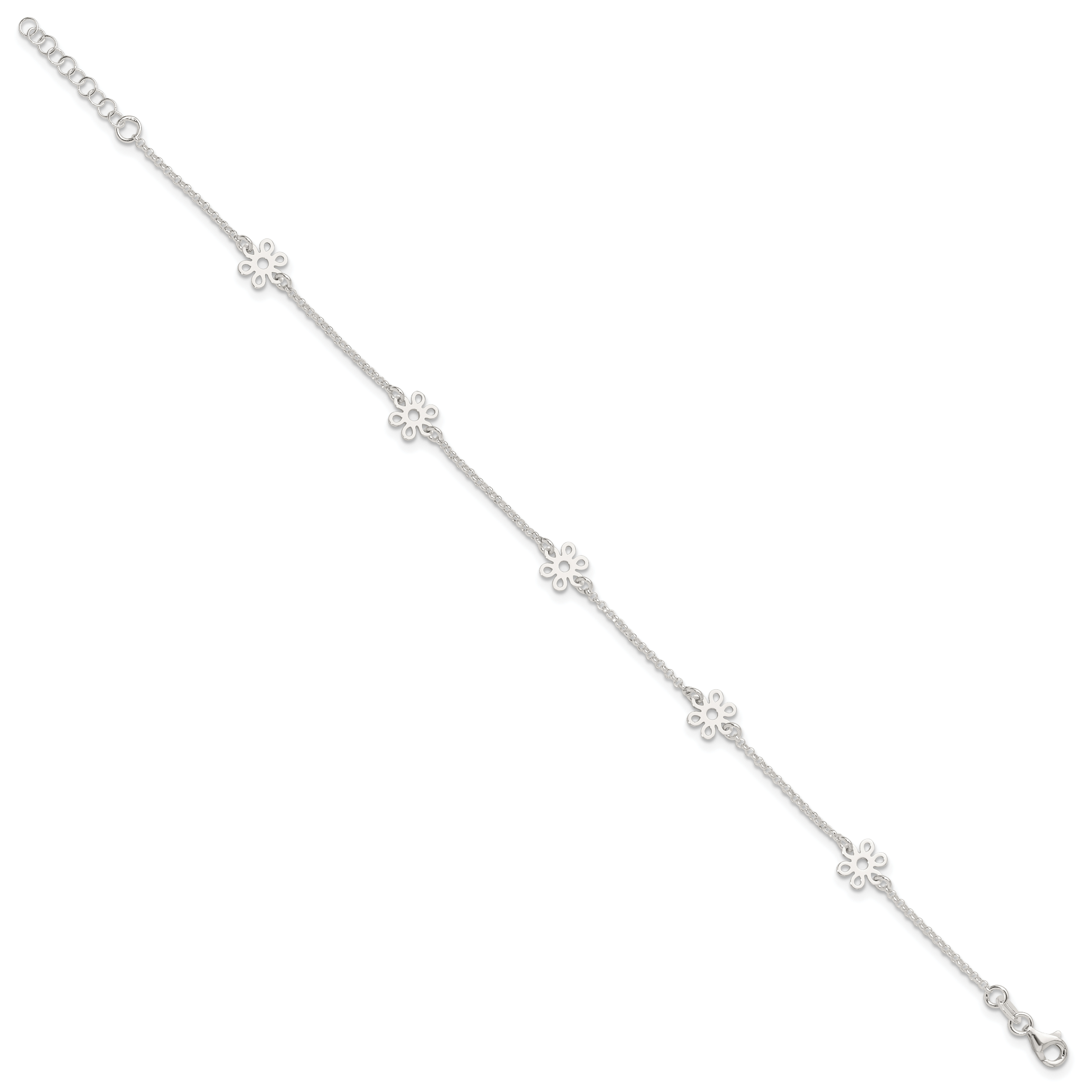 Sterling Silver Cable Chain/Flowers 5-Station 9 inch Plus 1 inch Extender - Total 10 inch Anklet Secondary image