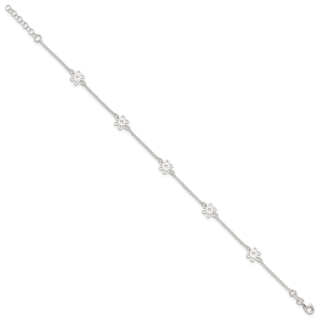 Sterling Silver Cable Chain/Flowers 5-Station 10 inch Plus 1 inch Extender - Total 11 inch Anklet