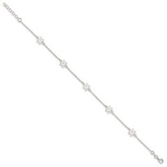 Sterling Silver Cable Chain/Flowers 5-Station 10 inch Plus 1 inch Extender - Total 11 inch Anklet