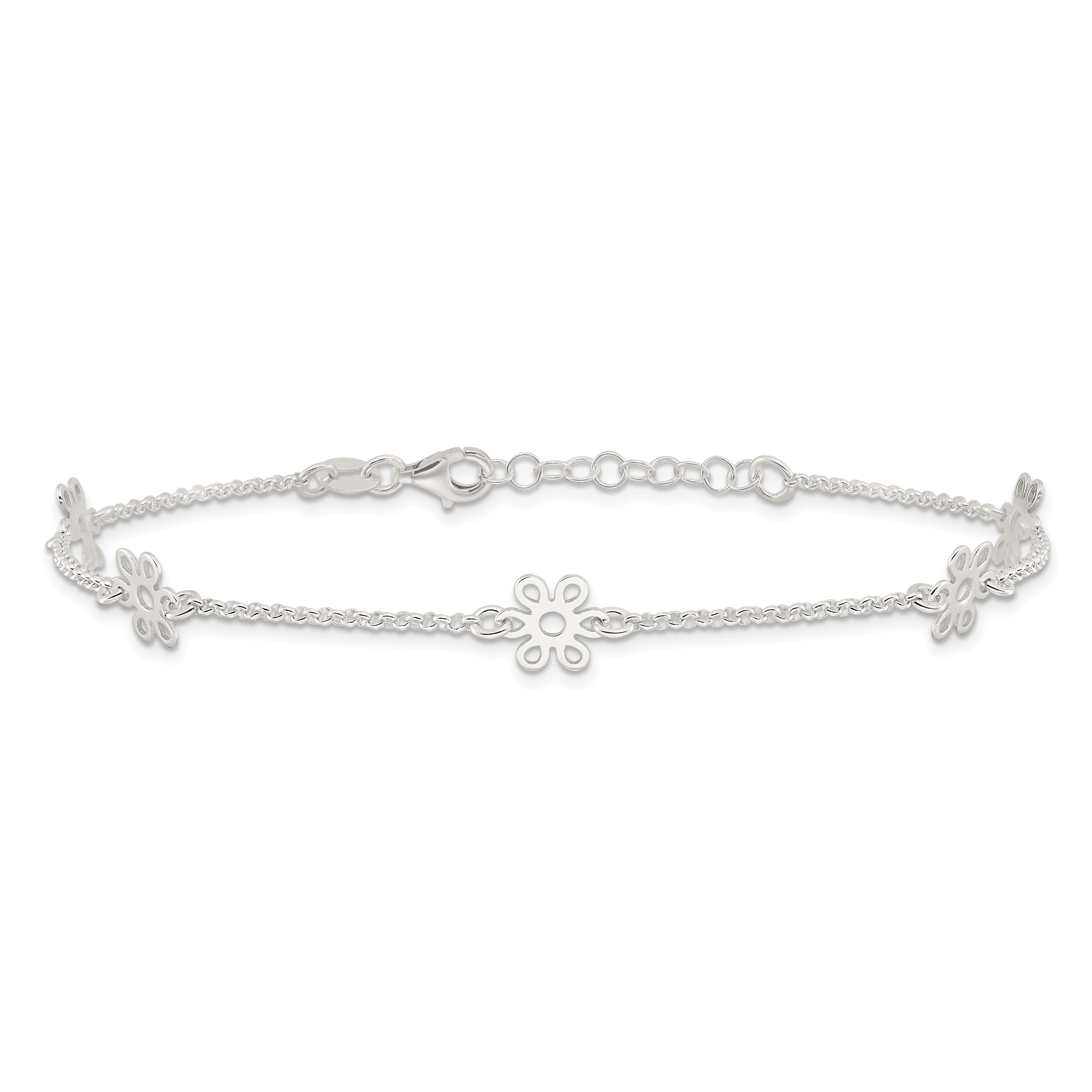 Sterling Silver Cable Chain/Flowers 5-Station 10 inch Plus 1 inch Extender - Total 11 inch Anklet