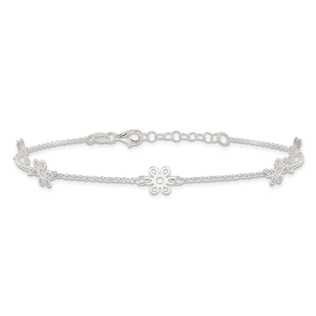 Sterling Silver Cable Chain/Flowers 5-Station 10 inch Plus 1 inch Extender - Total 11 inch Anklet