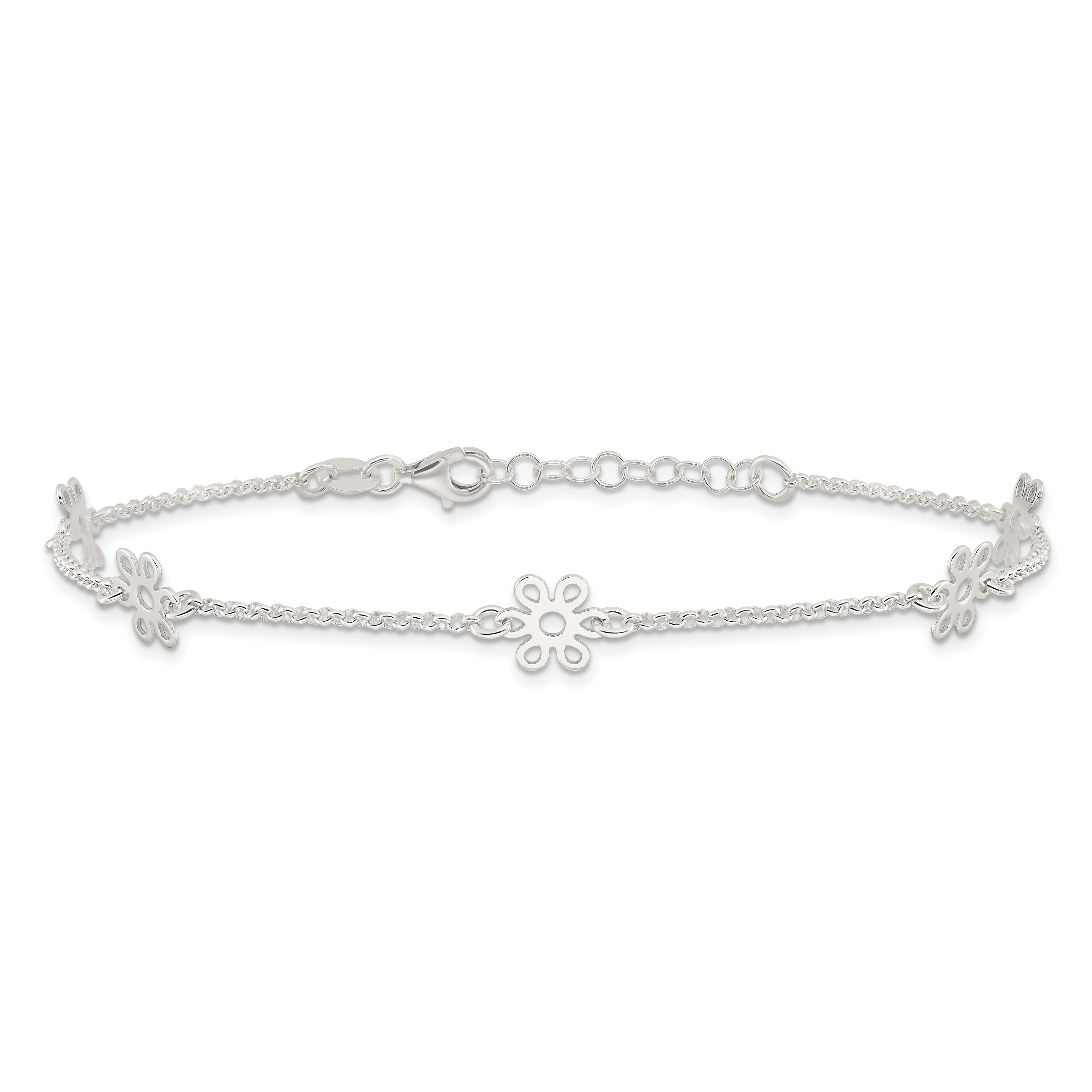 Sterling Silver Cable Chain/Flowers 5-Station 10 inch Plus 1 inch Extender - Total 11 inch Anklet