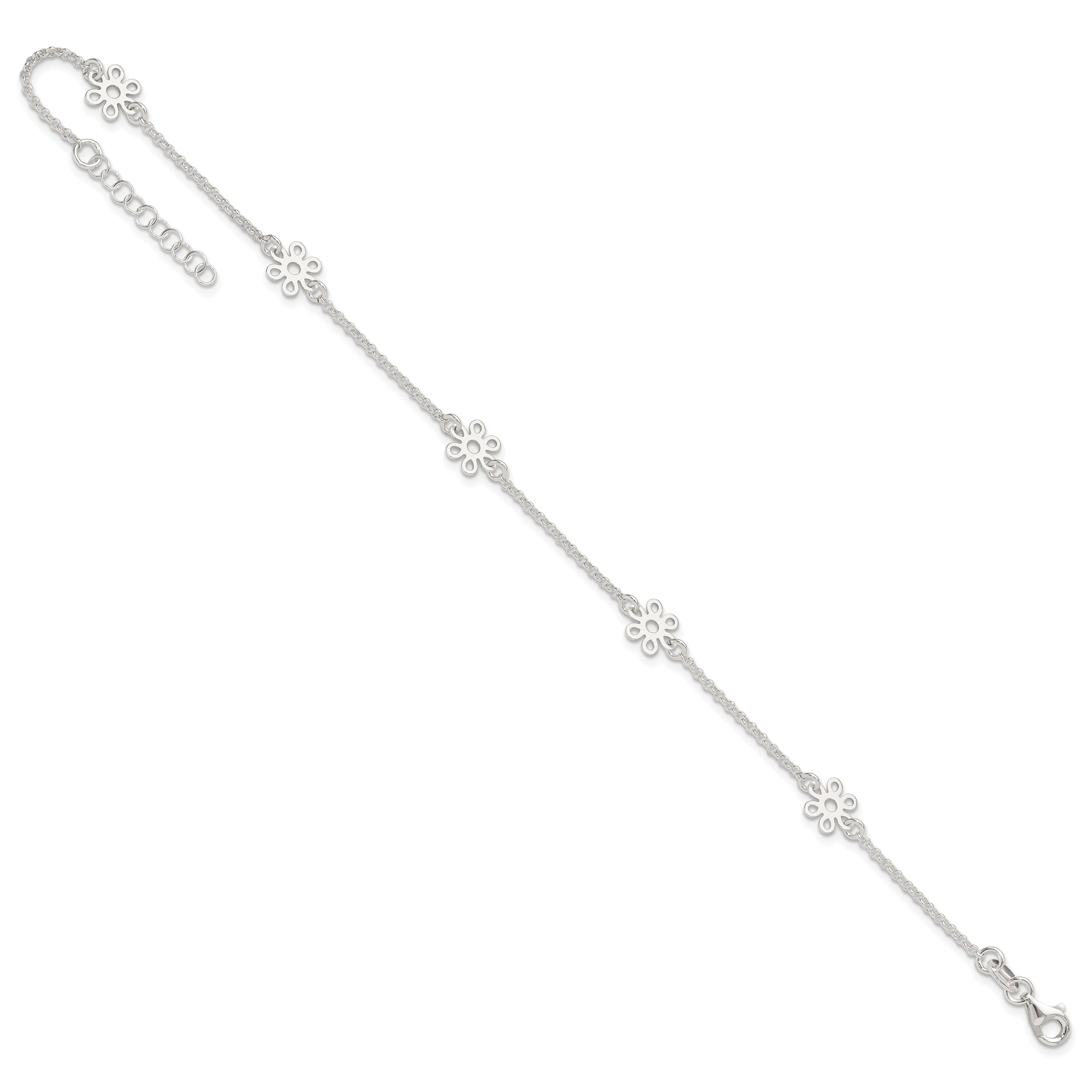 Sterling Silver Cable Chain/Flowers 5-Station 10 inch Plus 1 inch Extender - Total 11 inch Anklet