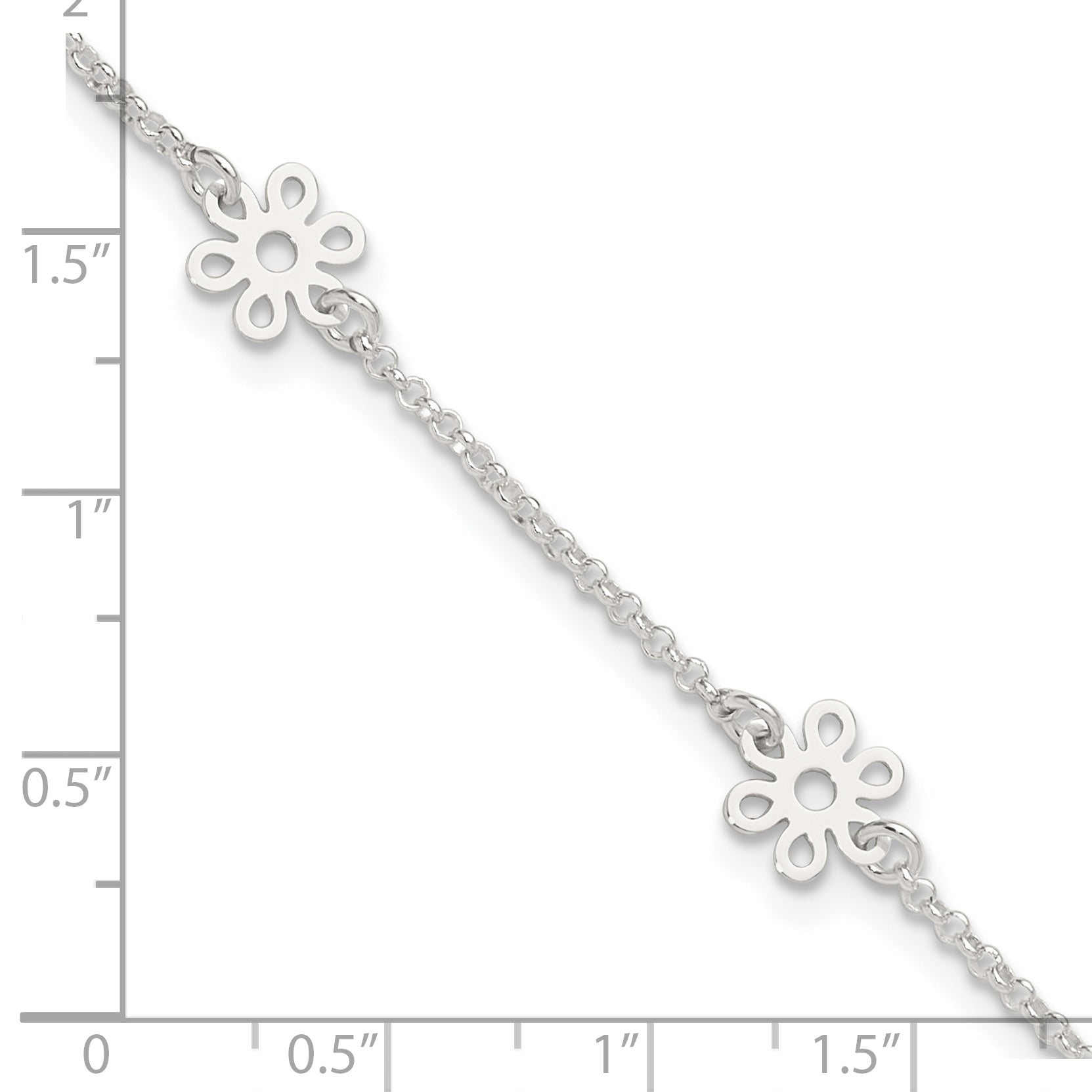 Sterling Silver Cable Chain/Flowers 5-Station 9 inch Plus 1 inch Extender - Total 10 inch Anklet
