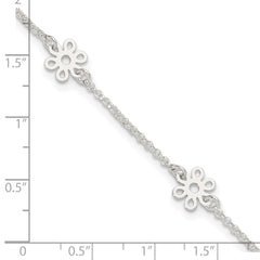 Sterling Silver Cable Chain/Flowers 5-Station 9 inch Plus 1 inch Extender - Total 10 inch Anklet