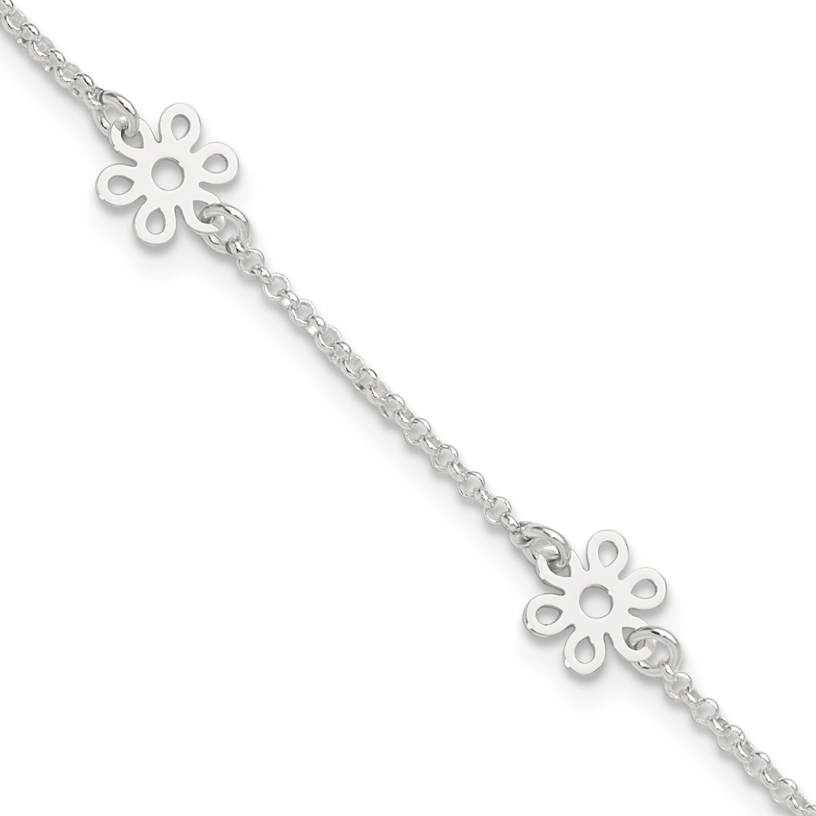 Sterling Silver Cable Chain/Flowers 5-Station 10 inch Plus 1 inch Extender - Total 11 inch Anklet