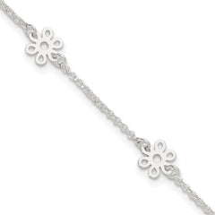 Sterling Silver Cable Chain/Flowers 5-Station 9 inch Plus 1 inch Extender - Total 10 inch Anklet