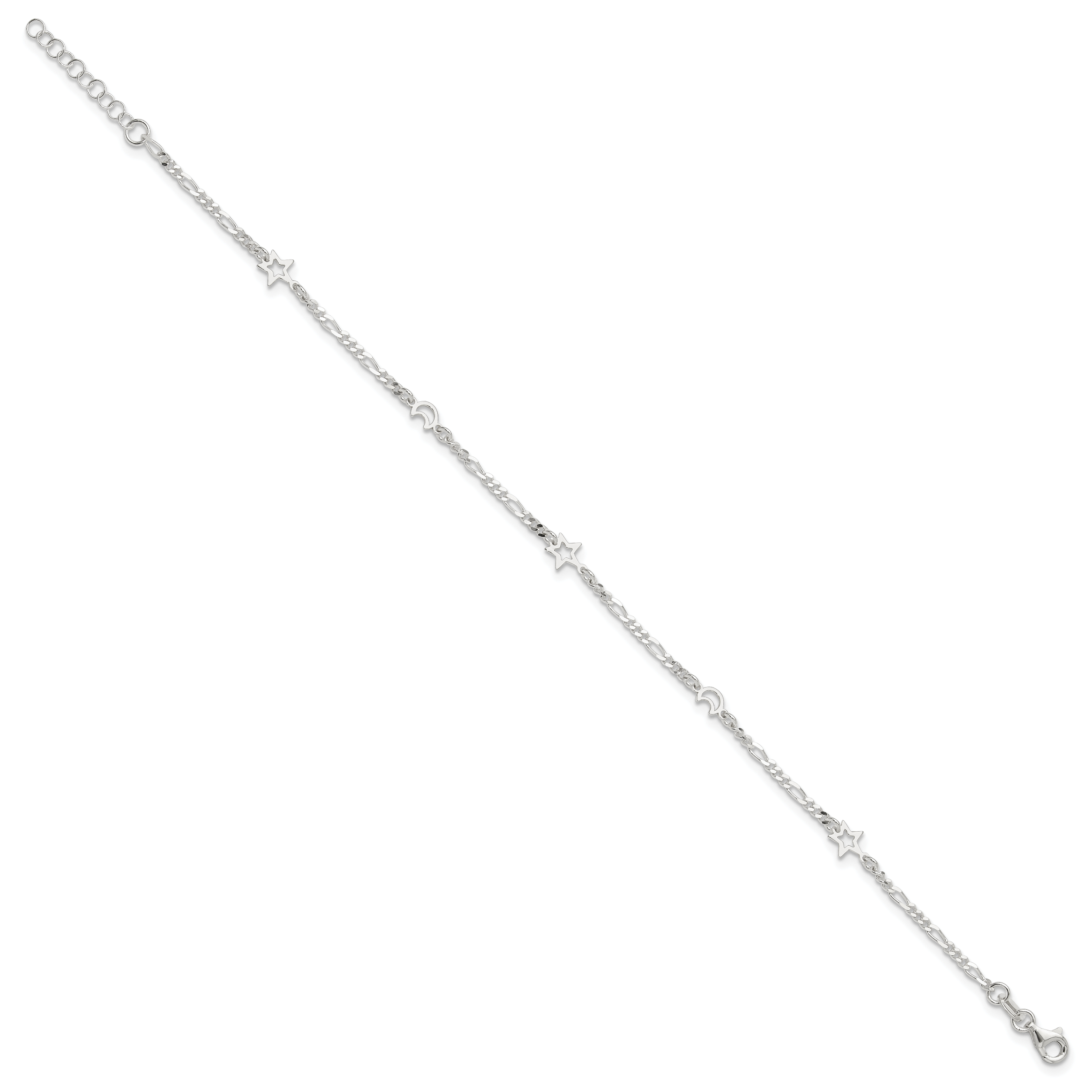 Sterling Silver Moon and Star 10 inch Plus 1 inch Extender - Total 11 inch Anklet