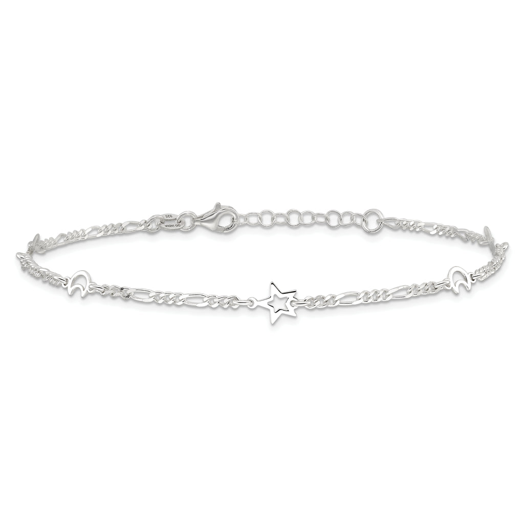 Sterling Silver Moon and Star 10 inch Plus 1 inch Extender - Total 11 inch Anklet