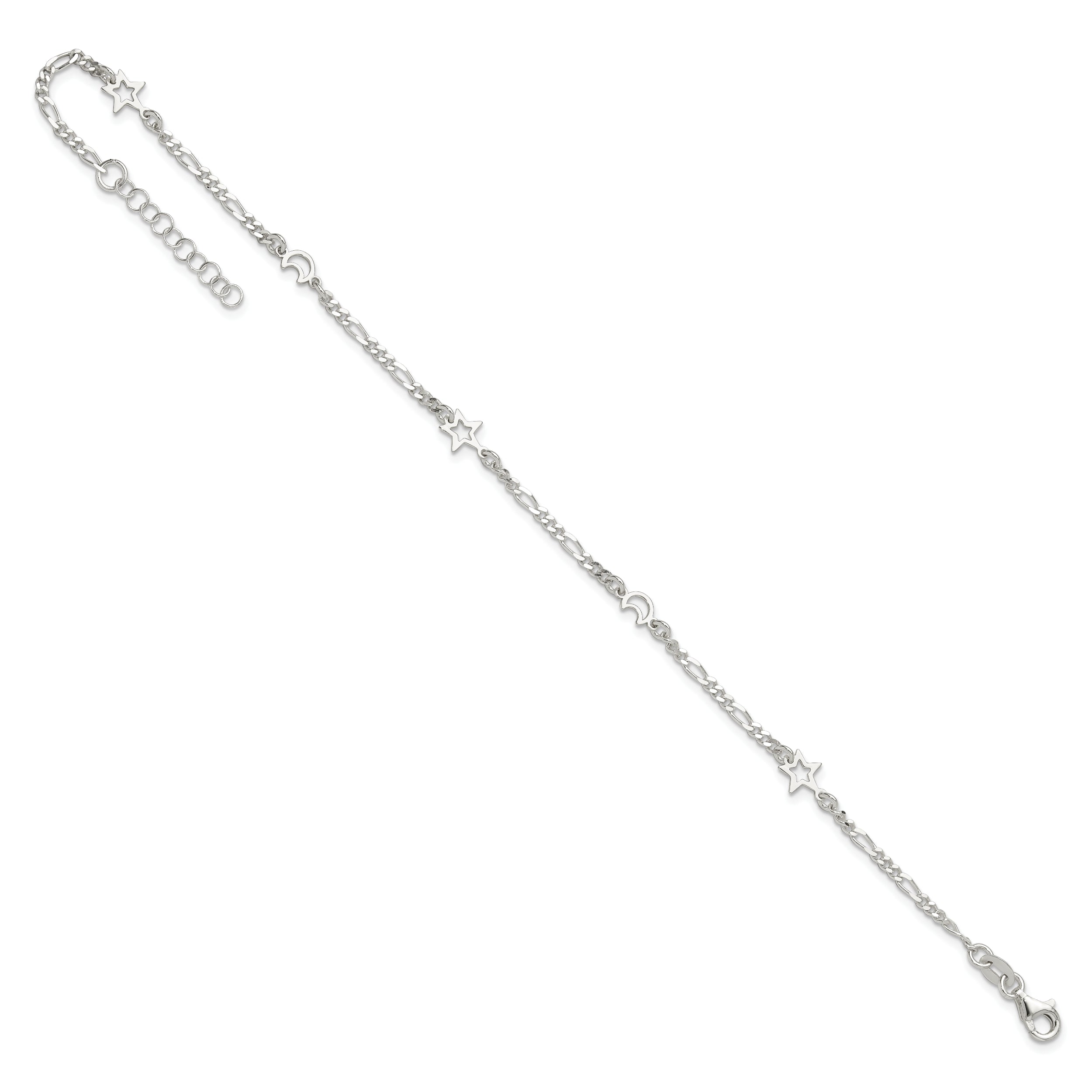 Sterling Silver Moon and Star 10 inch Plus 1 inch Extender - Total 11 inch Anklet