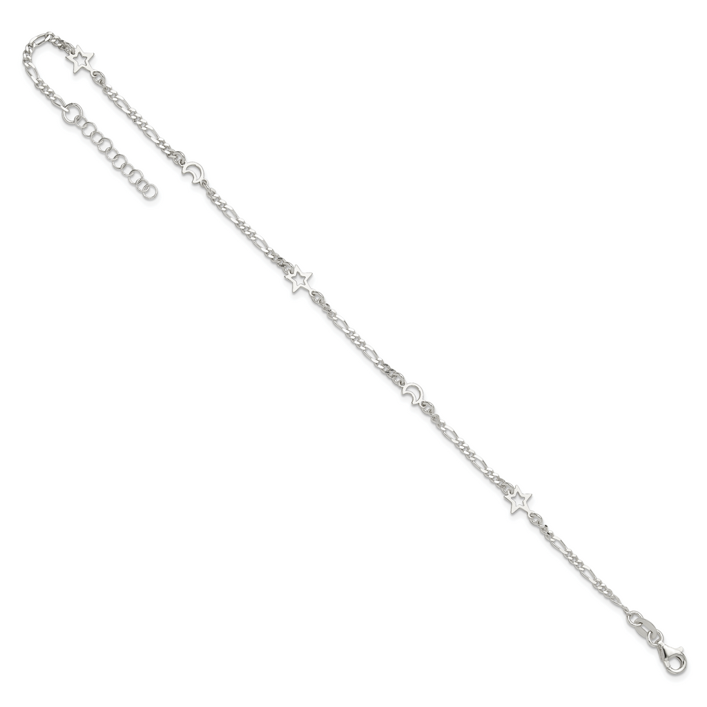 Sterling Silver Moon and Star 10 inch Plus 1 inch Extender - Total 11 inch Anklet