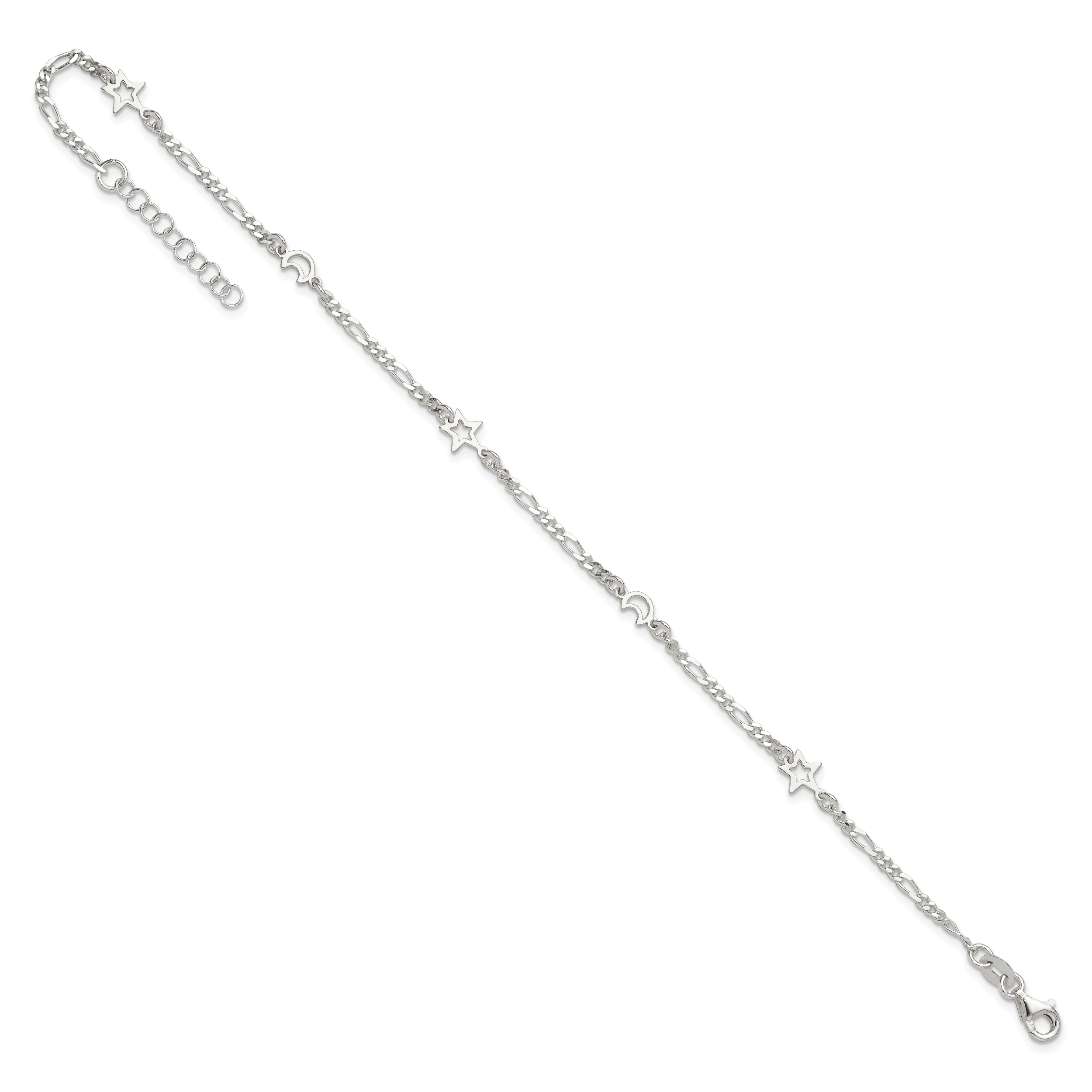 Sterling Silver Moon and Star 10 inch Plus 1 inch Extender - Total 11 inch Anklet