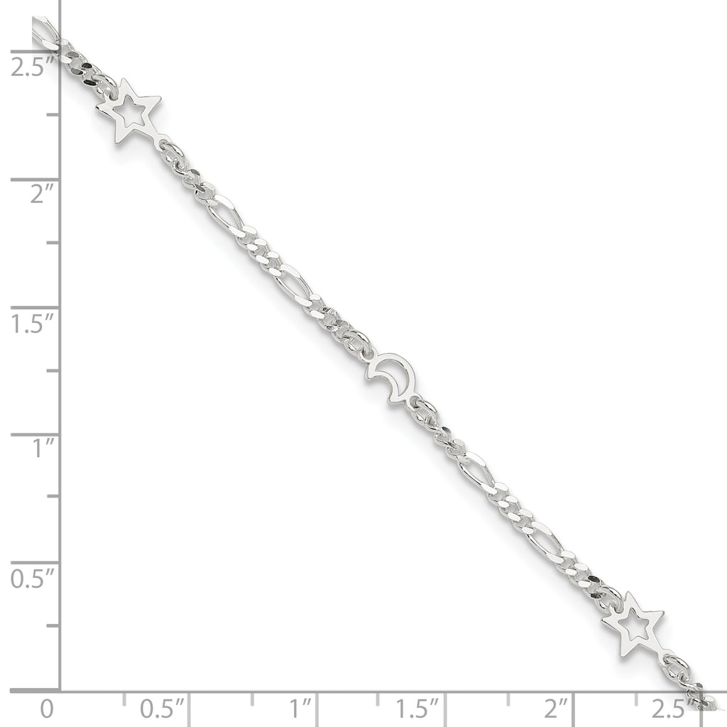 Sterling Silver Moon and Star 9 inch Plus 1 inch Extender - Total 10 inch Anklet