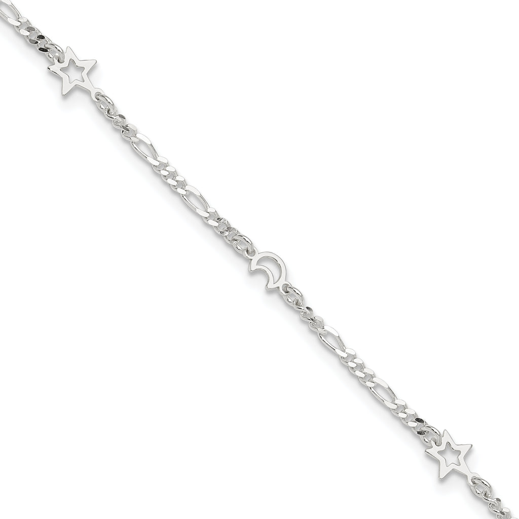 Sterling Silver Moon and Star 10 inch Plus 1 inch Extender - Total 11 inch Anklet