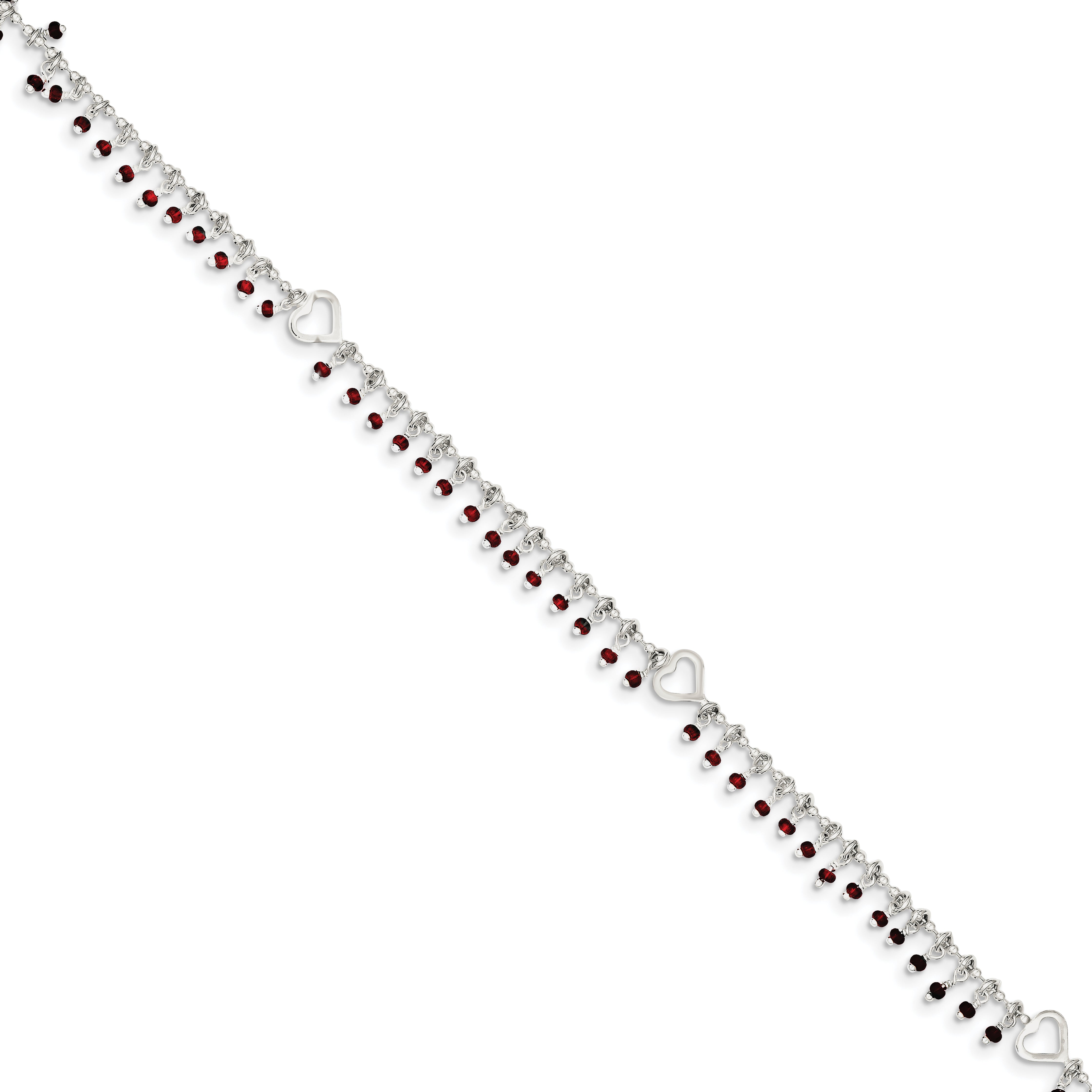Sterling Silver Red Beads and Heart 10 inch Plus 1 inch Extender - Total 11 inch Anklet