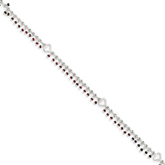 Sterling Silver Red Beads and Heart 10 inch Plus 1 inch Extender - Total 11 inch Anklet