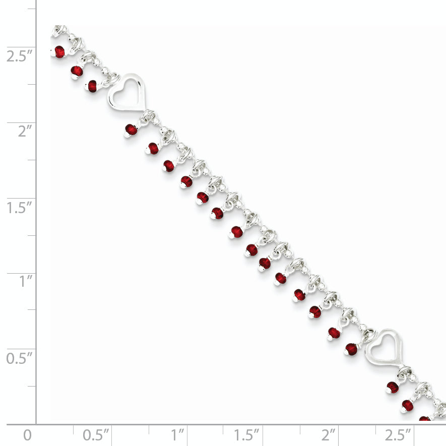 Sterling Silver Red Beads and Heart 10 inch Plus 1 inch Extender - Total 11 inch Anklet