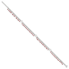 Sterling Silver Red Beads and Heart 10 inch Plus 1 inch Extender - Total 11 inch Anklet