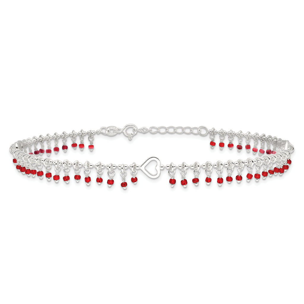 Sterling Silver Red Beads and Heart 10 inch Plus 1 inch Extender - Total 11 inch Anklet