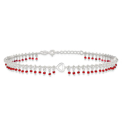 Sterling Silver Red Beads and Heart 10 inch Plus 1 inch Extender - Total 11 inch Anklet