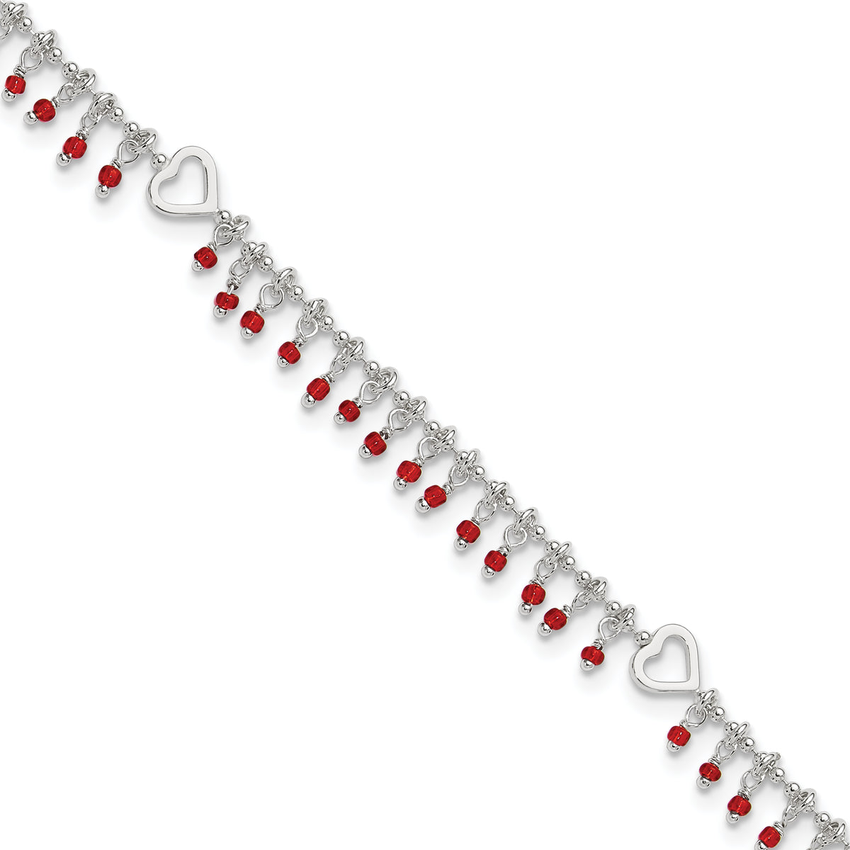Sterling Silver Red Beads and Heart 10 inch Plus 1 inch Extender - Total 11 inch Anklet