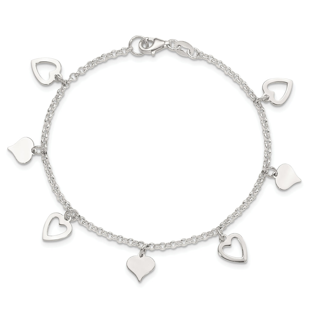 Sterling Silver Polished Heart Charms 7.5 inch Bracelet
