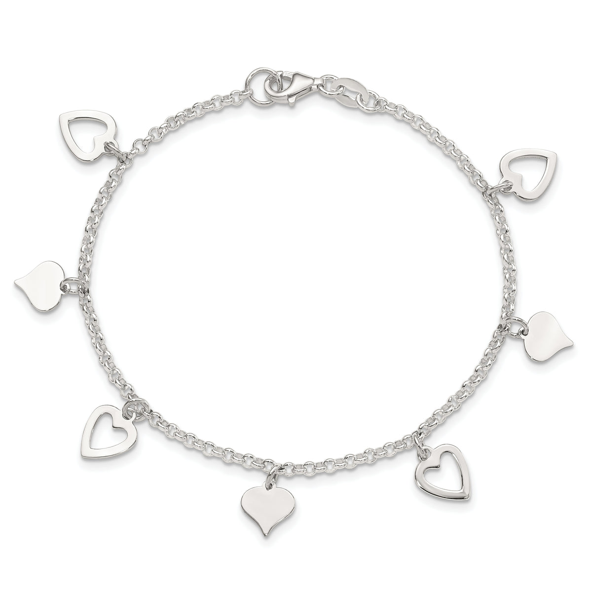 Sterling Silver Polished Heart Charms 7.5 inch Bracelet